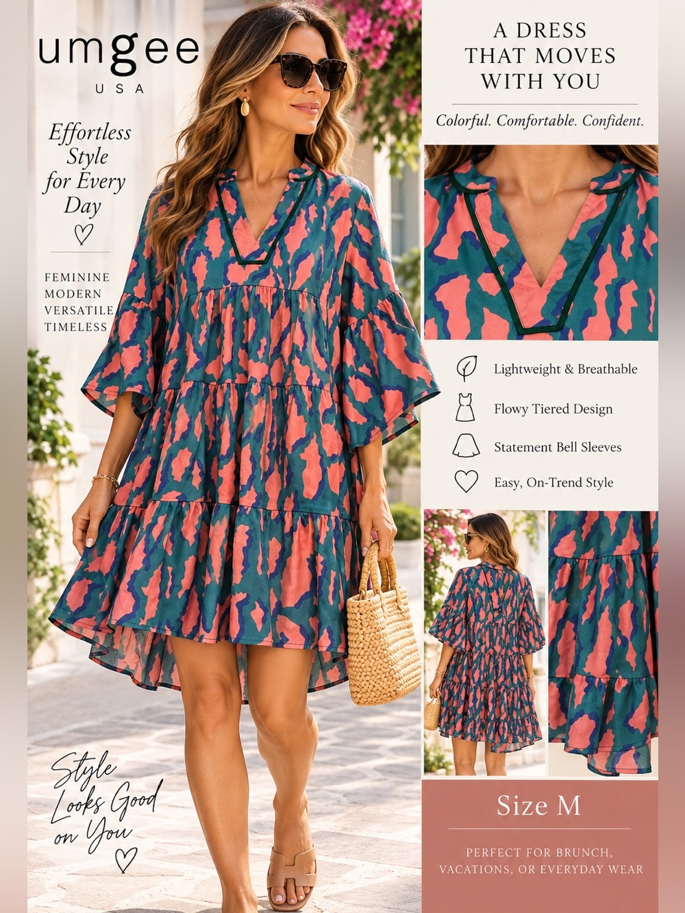 Umgee Teal and Coral Tiered V-Neck Swim Coverup Dress